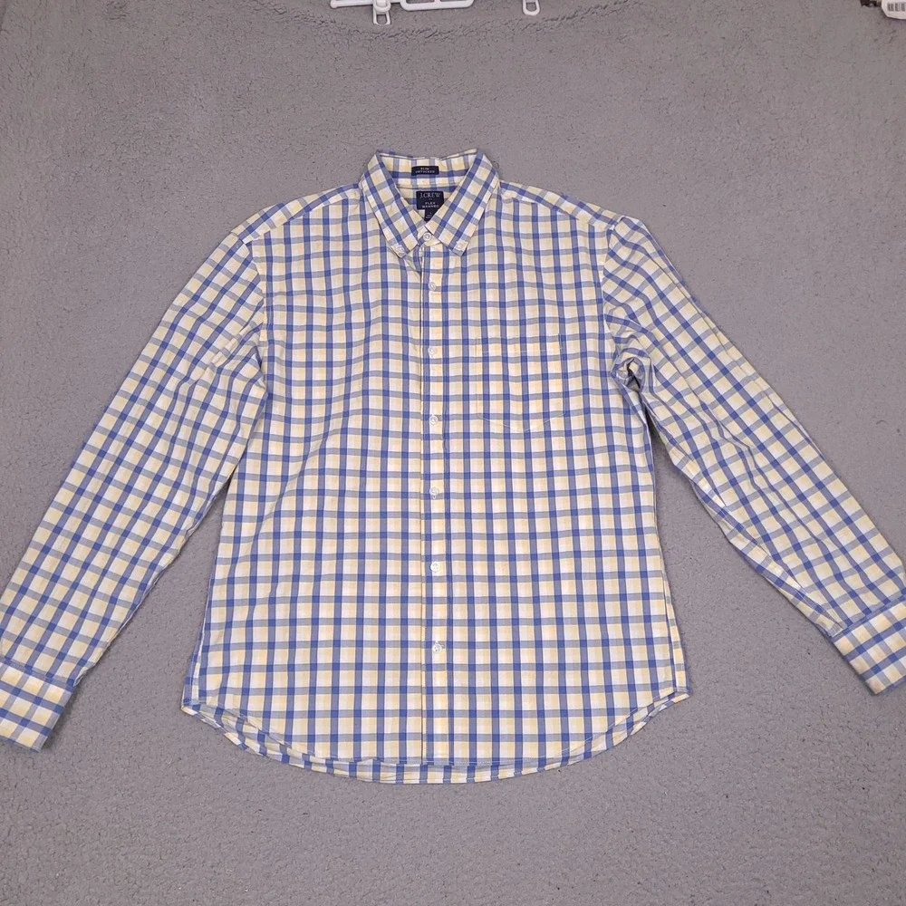 J Crew Shirt Mens Large Blue Yellow‎ White Slim Untucked Flex Washed Preppy